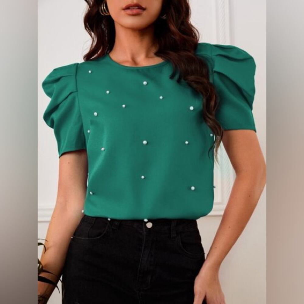 SHEIN Clasi Solid Puff Sleeve Pearls Beaded Blouse Top Size Small S
b56
